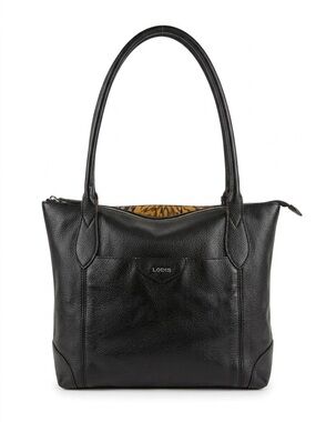 LODIS Black Pebbled Leather Floral Lined Shoulder Tote Bag